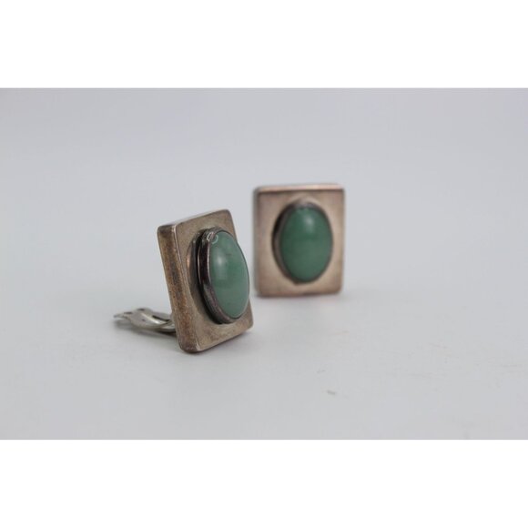 Taxco Sterling Silver Earrings, Green Stone Cabochons, Modernish Square, Clip On - Picture 1 of 11